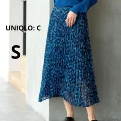 美品 ユニクロシー S ブルー 幾何学柄 シフォン プリーツスカート 総柄