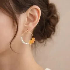 オレンジ花×パール フープピアス 約2cm