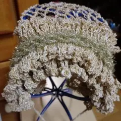 Handmadeかぎ針編 ベージュラメゴールドヘッドドレスネックドレス胸元ドレス