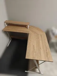 木目調 L字型デスク 上部棚付き