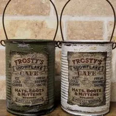 リメ缶 2個セット アンティークラベル　ホワイト＆ オリーブ Ｈ10.5㌢