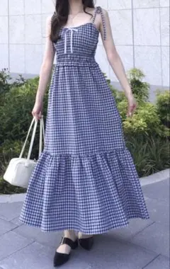 GRL タグ付きチェック柄ショルダーリボンシャーリングキャミソールワンピース