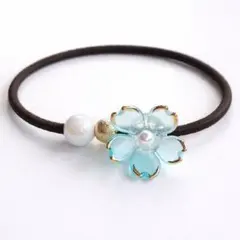 ヘアゴム フラワー パール ゴールド 上品 シンプル 大人かわいい ブルー 透明