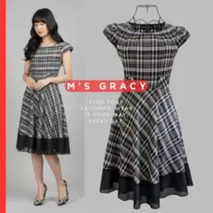 美品 エムズグレイシー チェック Aライン ワンピース 32 Ｓ 半袖 膝丈