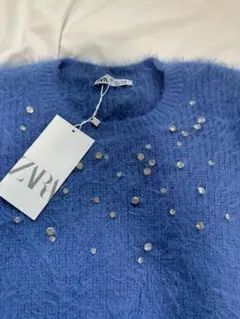 ZARA 半袖セーター Lサイズ ラメ ファー ブルー