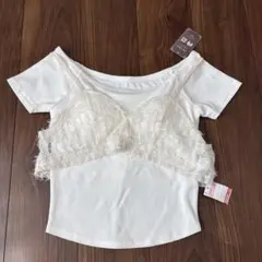 オフショルダー ホワイト Tシャツ レース付き
