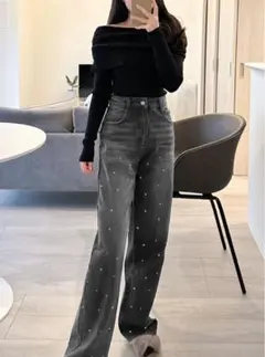 【GRL】ビジューストレートデニムパンツ ブラック S /0304