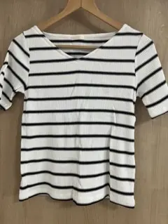 ボーダー柄 リブ 半袖Tシャツ ホワイト ブラック Mのサムネイル