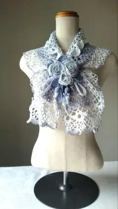 レース編み 藤色系 ショール 花モチーフ付き