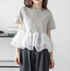 ラジエム　シアーフリル ティアード ペプラム ドッキングトップス 半袖　グレー