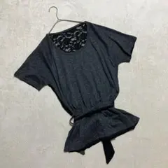 セシルマクビー ＊ バックレース切替半袖カットソー ウエストリボン グレー M