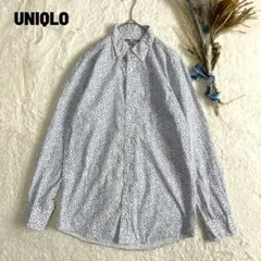 UNIQLO メンズS 小花柄ボタンダウン長袖シャツ 白 総柄 コットン100%