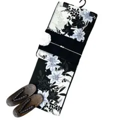 浴衣ジェンヌ 浴衣5点セット 黒×白 浴衣 帯 下駄 ゆかた 綿 - メルカリ
