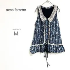 【アクシーズファム】ブラウス ノースリーブ レース襟 花柄 フリル 総柄 美品