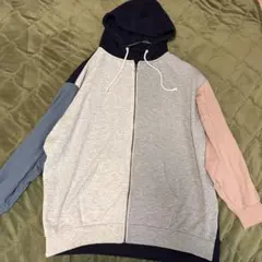 フード付き配色BIGジップパーカー【F】長袖　ライトグレー×スモーキーピンク