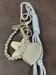 バックチャーム　シルバー ハート型ミラー 星型レザー　じゃらじゃら　キーホルダー