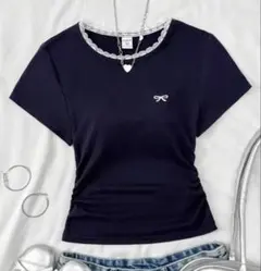 SHEIN 半袖 Tシャツ ネイビー レースネックのサムネイル