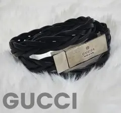 希少✨️ GUCCI グッチ ベルト ロック式 編み込み シルバー金具 ブラック