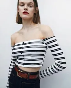 ZARA ストライプ オフショルダー 長袖 Tシャツ