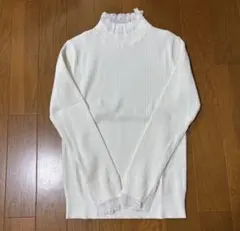 レイビームス　リブネックカフスレースハイネックニット　ホワイト