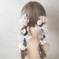 桜満開 髪飾り ホワイトリボン／ツインテール 卒業式 成人式 ウェディング ④