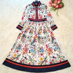 【美品】ボタニカル フラワー プリーツ フレア ロング ワンピース マキシ丈 L