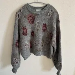 花柄グレー ニットセーター