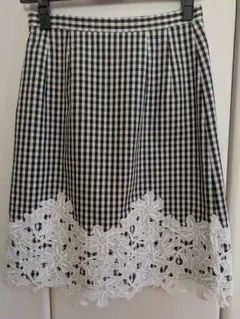 OFUON　ギンガムチェック レース装飾 ひざ丈スカート