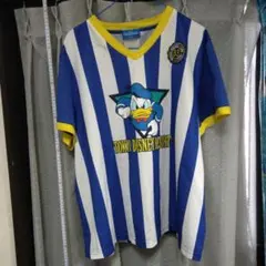 ディズニー　ドナルド　サッカーシャツ風 青白半袖Tシャツ　メンズL　wj2504
