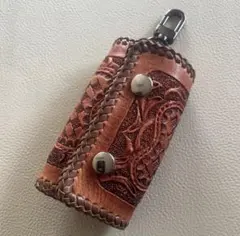 本革キーケース 4連 ハンドメイド レザーカービング レザーキーケース