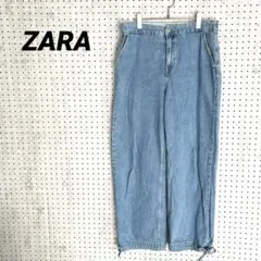 ザラ ZARA ワイドデニムパンツ（L）裾リボン ライトブルー カジュアル
