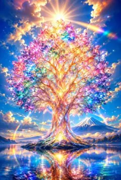 幻想アート　クリスタル　七色　富士山　水面反射　幸運　木　生命　太陽　C175