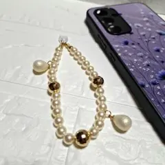 パールゴールドビーズ携帯ストラップ