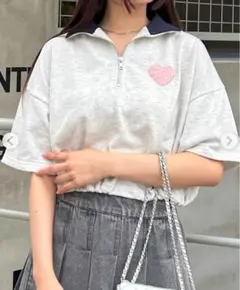 INGNI イング 半袖 トップス ハーフジッパー 裾ドロスト ハート型プリント