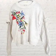 花柄 刺繍 ニット 長袖 【S】 レディース ホワイト 大人可愛い フリル袖
