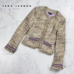 TARA JARMON ノーカラージャケット スパンコール 紫 38*YC624