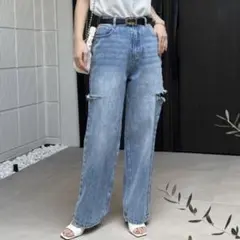 【美品】Re:EDIT サイドスリットワイドストレートコットンデニムパンツ S