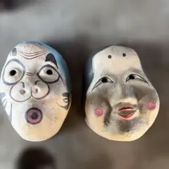おたふく (おかめ) ひょっとこ (火男) 木彫り 美しい かわいい 2点