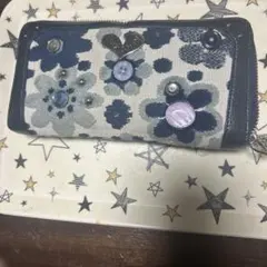 花柄ボタン装飾 長財布 ネイビー