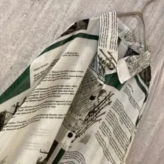 ヴィンテージ ブラウス 英字柄 総柄 レトロ シアー 白 グリーン ブラック