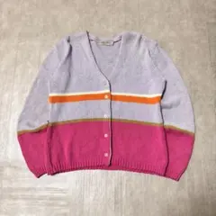 手編み風 ボーダーカーディガン ショートセーター ラベンダー M カジュアル