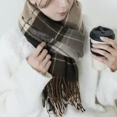【reca】ウールチェック柄大判ストール