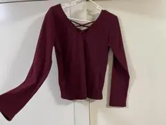 ニット トップス カットソー　リブ　ボルドー　赤茶色　レッド
