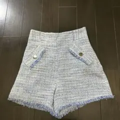 青系ツイードフリンジショートパンツ