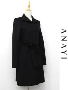 S308/美品 ANAYI カシミヤ混スタンドカラーコート 比翼ボタン 38 黒