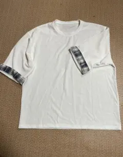 ホワイト 2XL チェック柄 袖口 Tシャツ