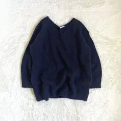 Vネックニット 毛長 アルパカ毛 ネイビー ゆったり オフィスカジュアル 通勤