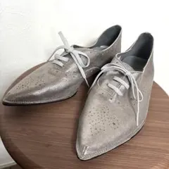本革 シルバー ポインテッドトゥ レースアップシューズ 23.0