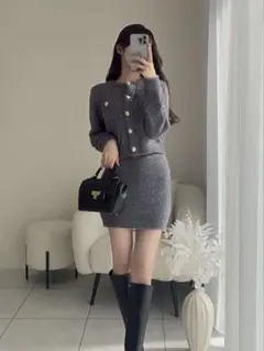 ラメフェザーニットカーディガン×ミニスカートセットアップ[kz617]/GRL