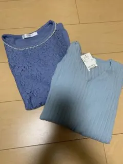 レースデザインとリブの長袖トップス2点セット【ブルー系】